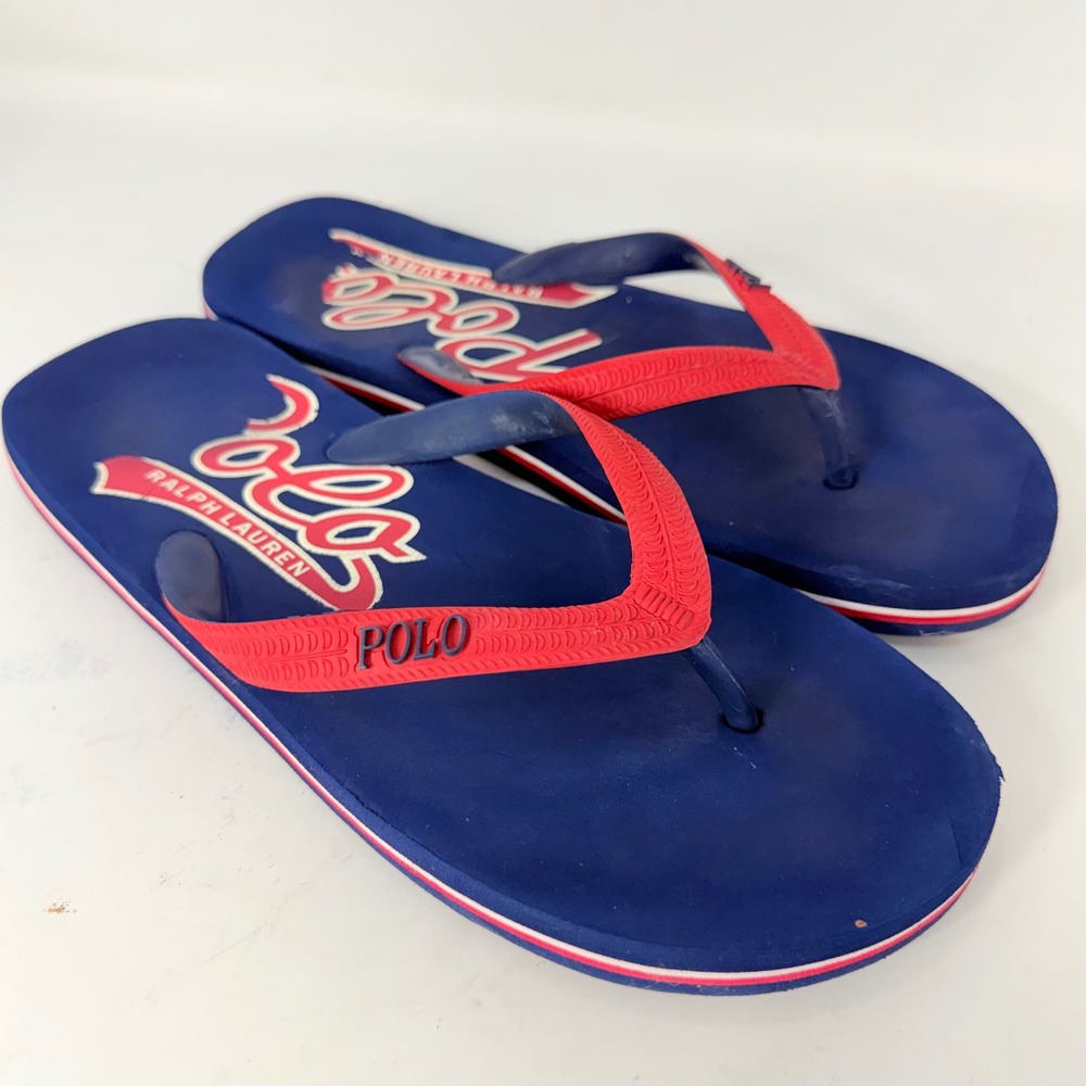 Polo Ralph Lauren Mens Navy Blue Red Script Logo Flip Flop Sandals Size 7/8